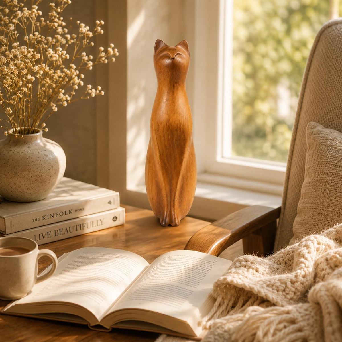 Comfy Hour Farmhouse Home Decor Collection 8" Decorative Kitty Statue Sitting Cat Figurine, Wood Grain Smooth Finish, Polyresin