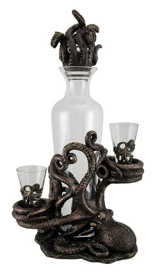 Unicorn Studio Octopus Spirit Decorative Antique Bronze Finish Statue and Glass Decanter Set