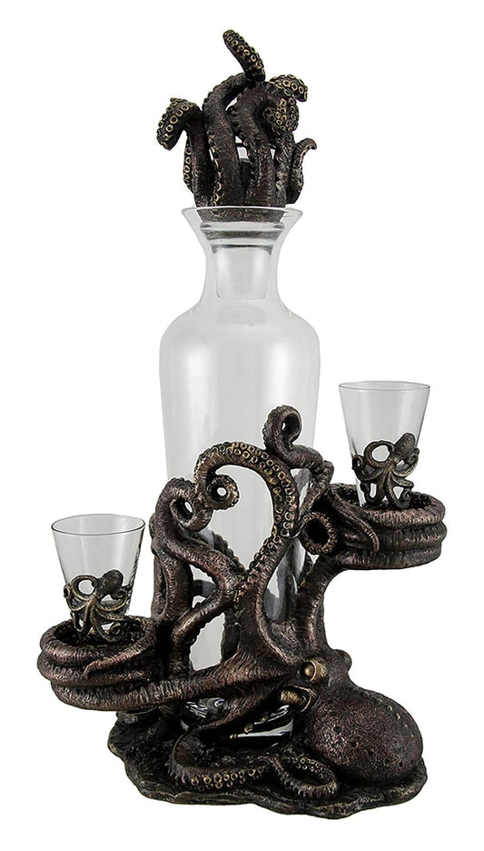 Unicorn Studio Octopus Spirit Decorative Antique Bronze Finish Statue and Glass Decanter Set