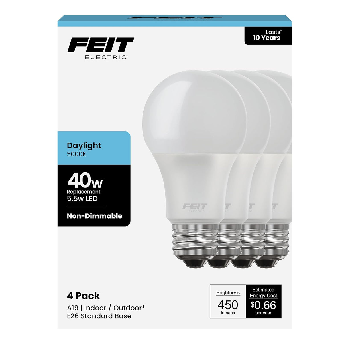 Feit Electric Light Bulb, 4 Count (Pack of 1), 5000k Daylight