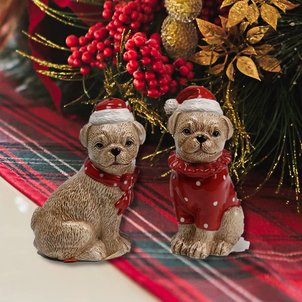 Comfy Hour Farmhouse Home Decor Collection Christmas Dog Friends Salt & Pepper Set, Brown & Red, Santa Hat, Holiday, Dolomite