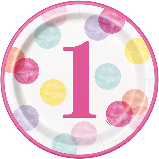 Unique Industries Pink Dots 1st Birthday Party Paper Plates, 8 Ct.