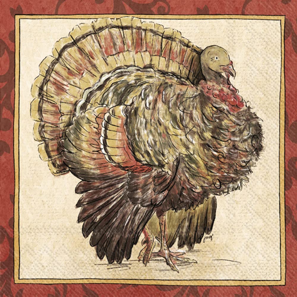 Boston International IHR Fall Autumn Halloween Thanksgiving 3-Ply Paper Napkins, 20-Count Lunch Size, Painterly Turkey