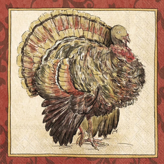 Boston International IHR Fall Autumn Halloween Thanksgiving 3-Ply Paper Napkins, 20-Count Lunch Size, Painterly Turkey