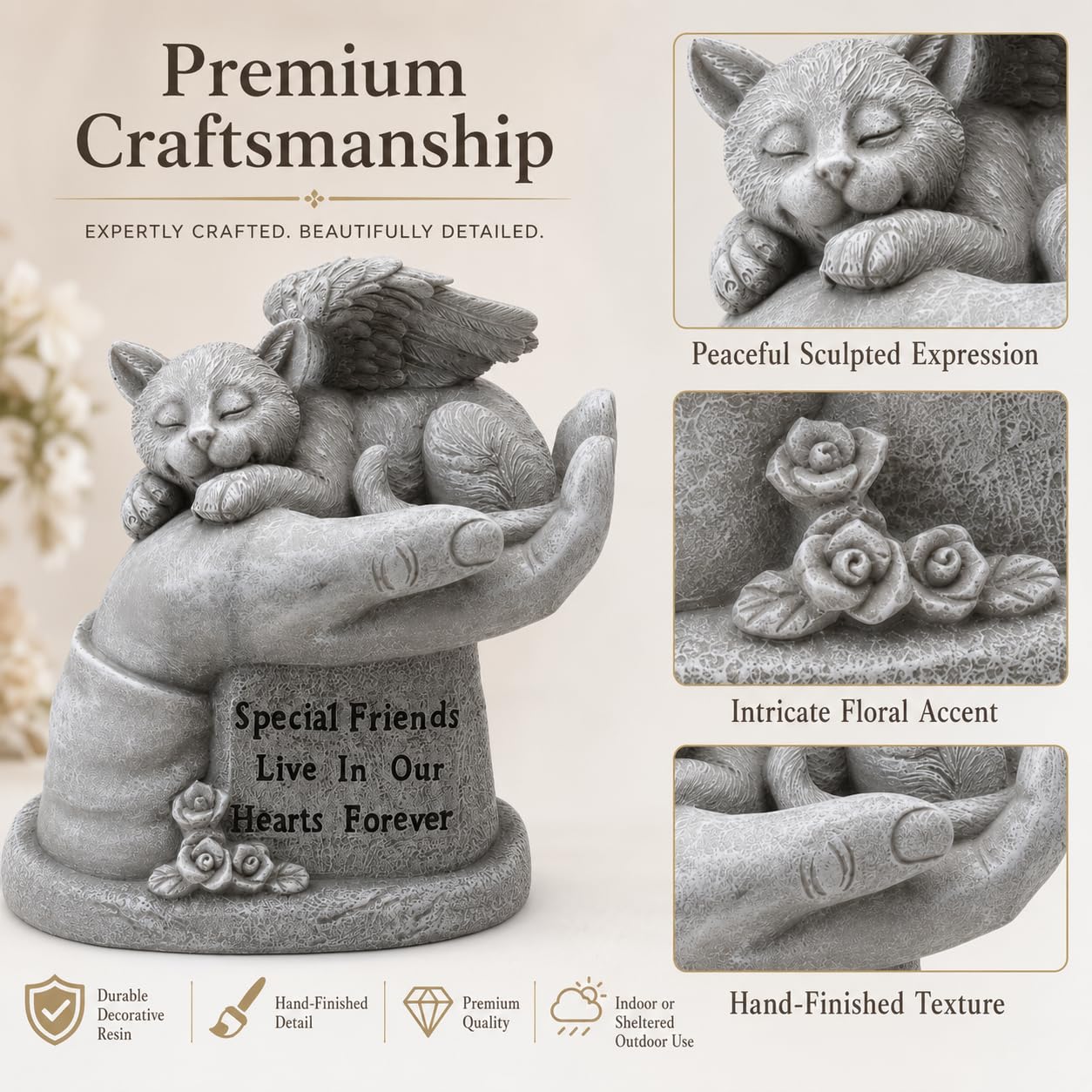 Comfy Hour Loving Memory Collection Resin Memorial Cat Angel in Hand Pet Statue, Handmade Beige, Faithful Memory of Cat's Bereavement, Special Friends Live In Our Hearts Forever