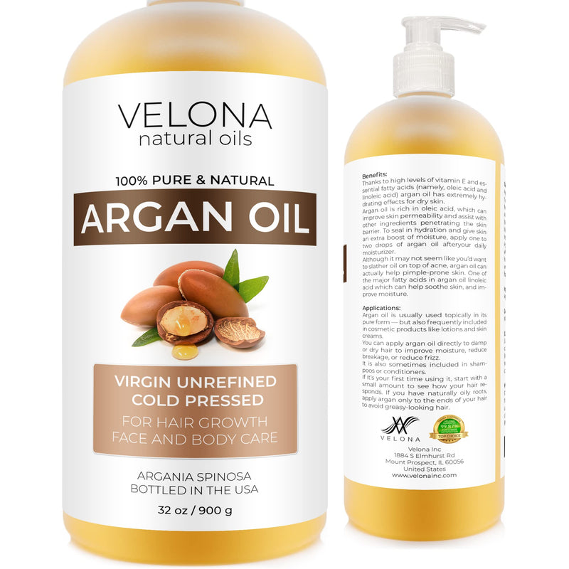 velona Argan Oil - 32 oz (With Pump) | 100% Pure and Natural | Morocco Oil | Stimulate Hair Growth, Skin, Body and Face Care | Nails Protector | Unrefined, Cold Pressed | Cap Kit