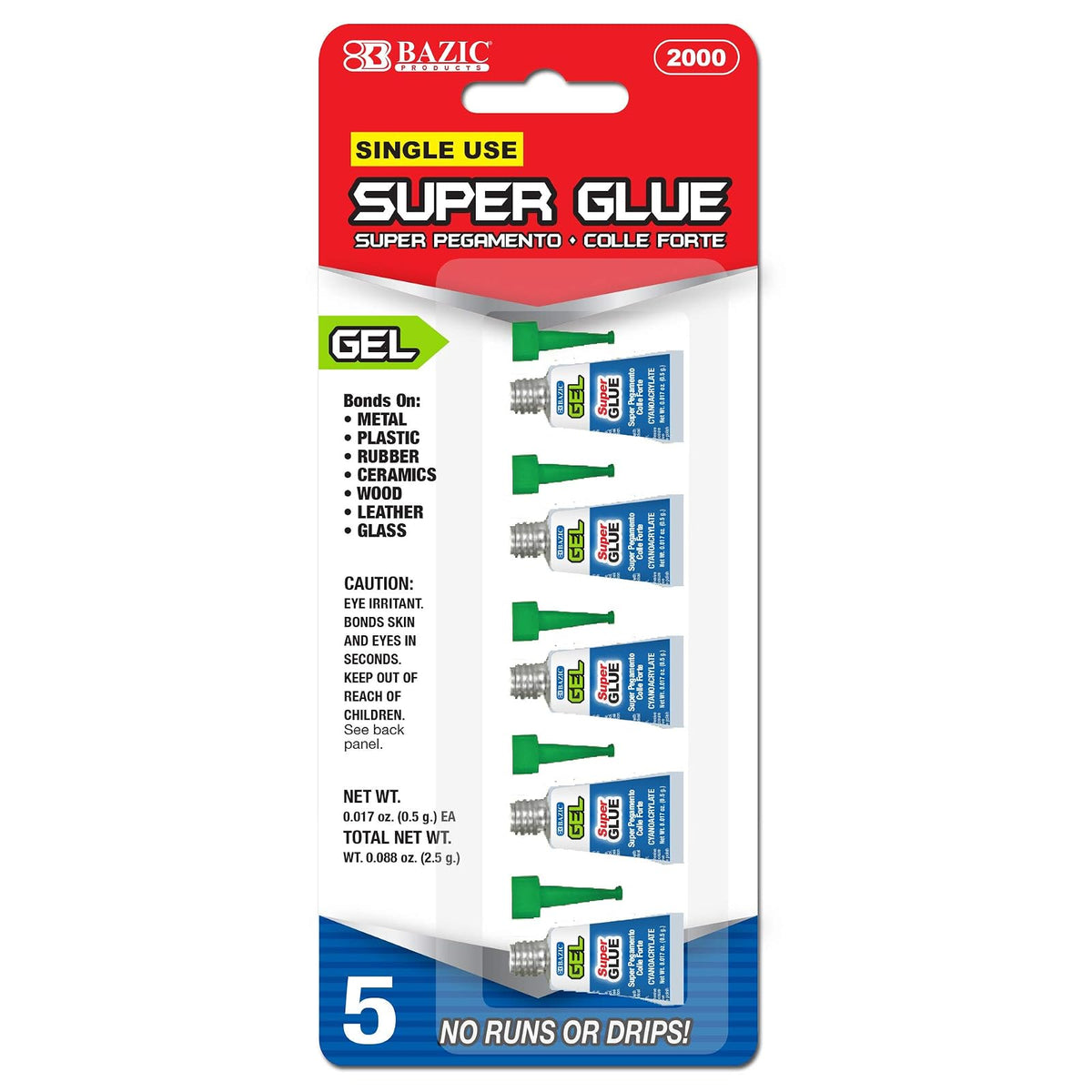 BAZIC 0.5g Super Glue Gel, Mini Small Tube Adhesive Fluid Liquid, Home Improvement Fix Project Multipurpose (5/Pack), 1-Pack