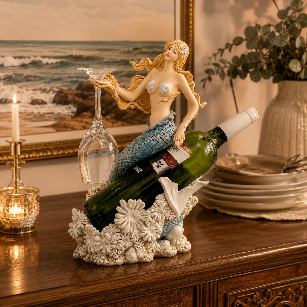 Comfy Hour 13 Inch Mermaid Wine Bottle Holder, Nautical Decor