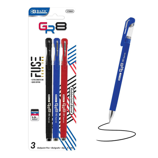 BAZIC Oil Gel Ink Pen, GR8 Assorted Colors w/Rubberized Barrel, 0.7 mm Medium Point Smooth Writing, for Office School (3/Pack), 1-Pack