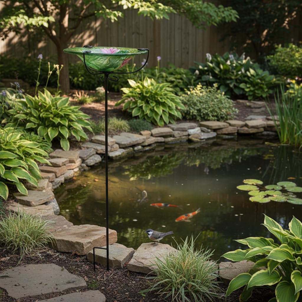 Comfy Hour Bird Meets Garden Bath Collection 28" Frog Lotus Glass Top Birdbath Birdfeeder Metal Art Garden Stake