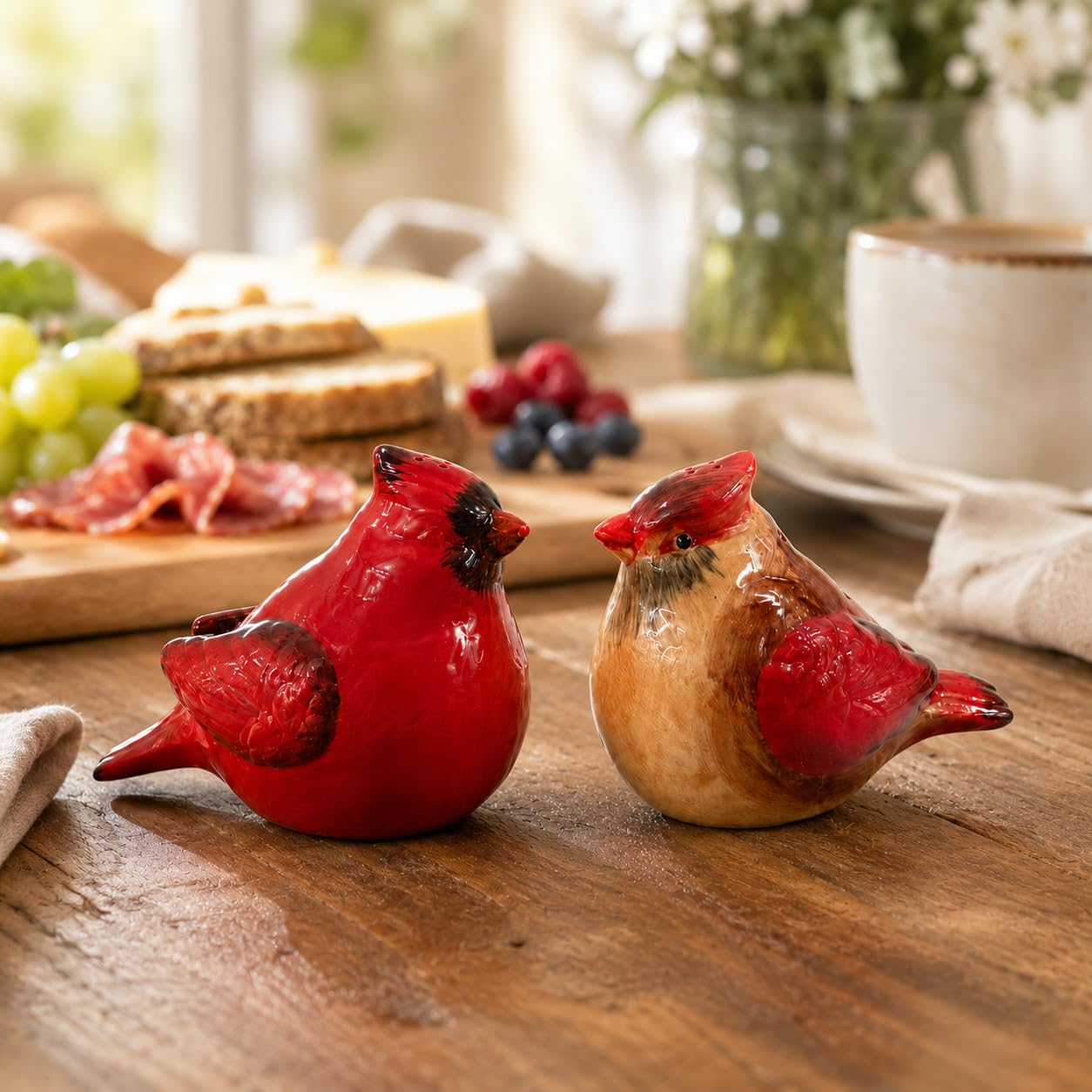 Comfy Hour Farmhouse Collection 3" Two Red Feather Cardinals Salt and Pepper Bottle Stoneware Figurine, Set of 2