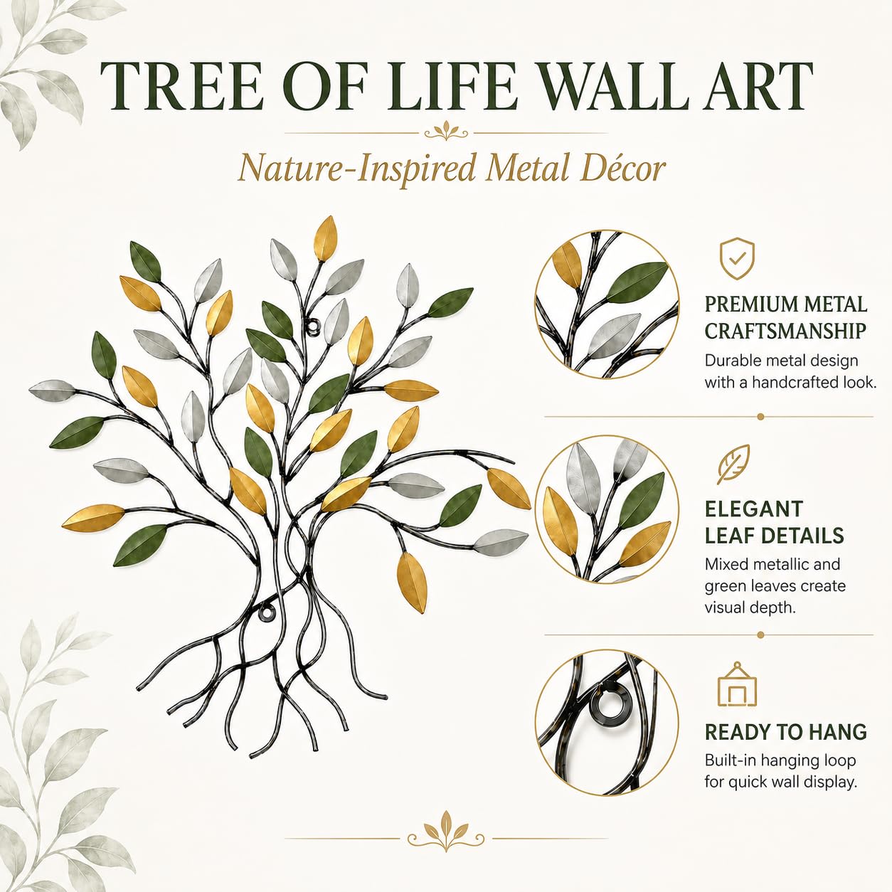 Comfy Hour 16 Inch Tree of Life Metal Wall Art, Green Gold Leaves
