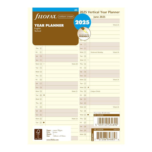 Filofax Refill, A5 Vertical Planner, Cream Paper, 8.26-inches Height, 2025