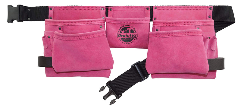 Graintex DS2118 11 Pocket Work Apron Pink Color Suede Leather with 2” Webbing Belt, 2 Hammer Holders Loops for Constructors, Electricians, Plumbers, Handymen