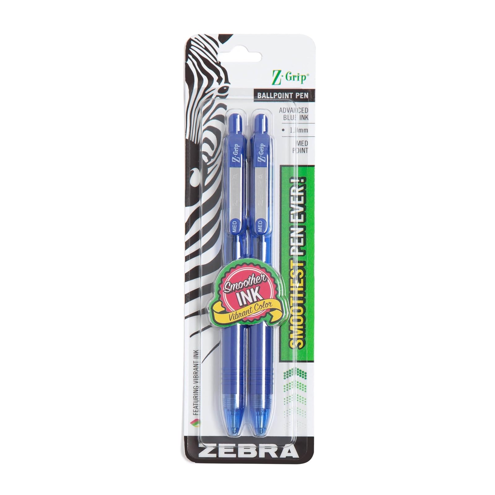 Zebra Pen Z-Grip Retractable Ballpoint Pen, Medium Point, 1.0mm, Blue Ink, 2-Count