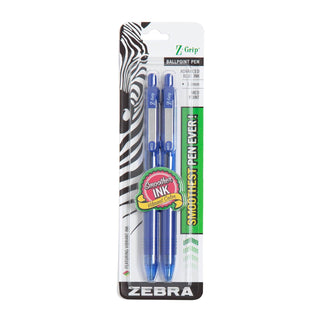 Zebra Pen Z-Grip Retractable Ballpoint Pen, Medium Point, 1.0mm, Blue Ink, 2-Count