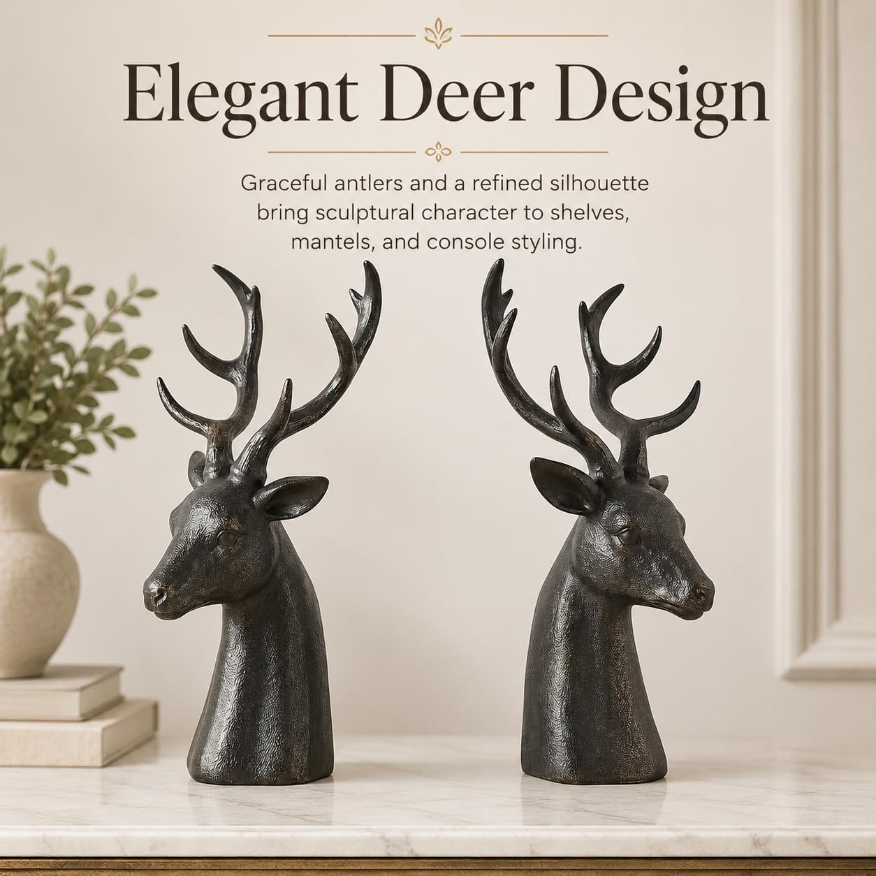 Comfy Hour Farmhouse Collection Resin Set Of 2, Deer Head Art Bookends, Solid Heavy Weight, Black