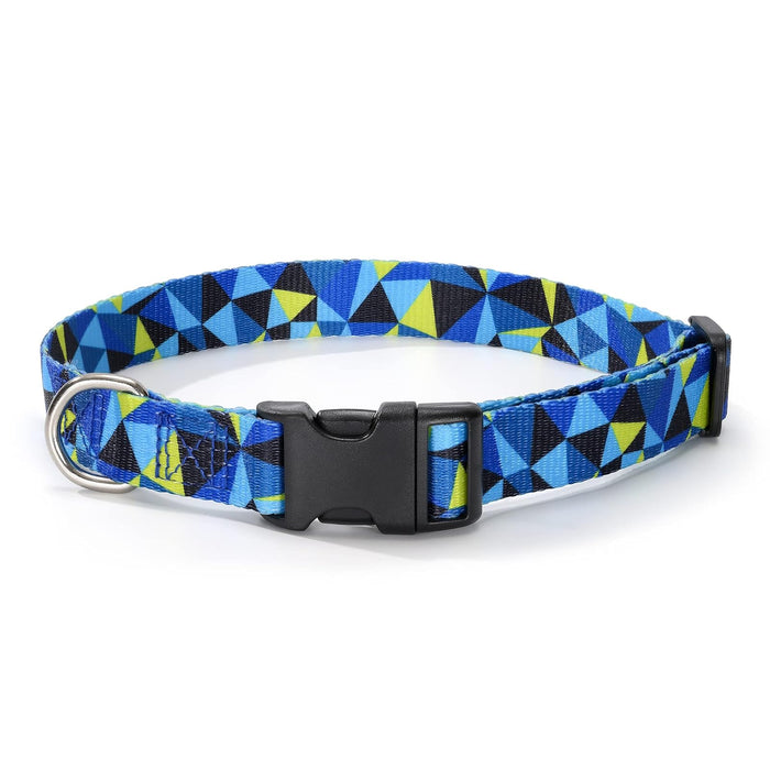 Mile High Life Dog Collar | Cute Puppy Collars | Lightweight Girl Dog Collar | Soft Boy Dog Collars | w Geometric Ocean Wavy Pattern (Blue/Yellow Plaid, Small)
