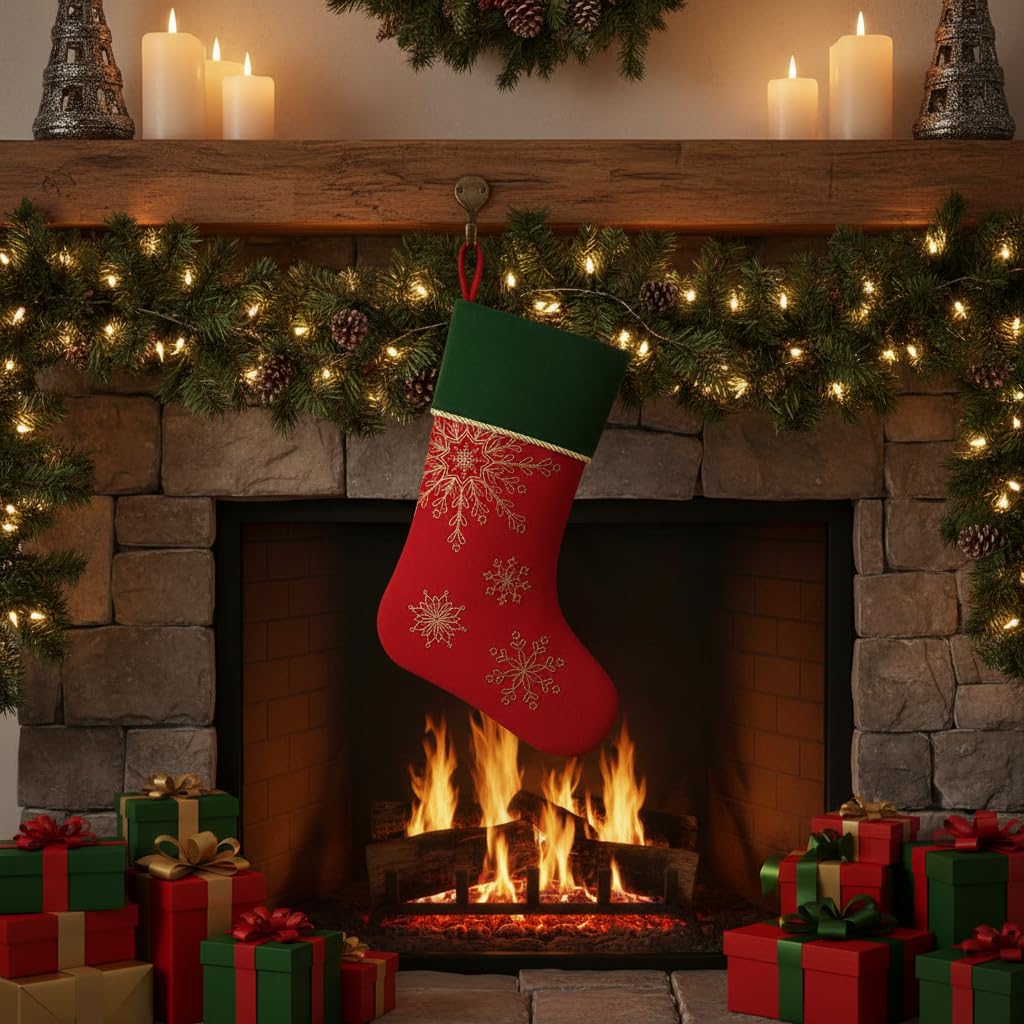 Comfy Hour Winter Holiday Home Collection 20" Winter Christmas Snowflake Stocking Red, Polyester