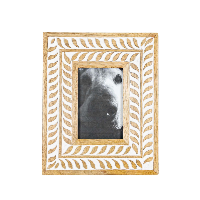 Foreside Home & Garden 4x6 Inch Carved Botanical White Picture Frame Mango Wood, MDF & Glass