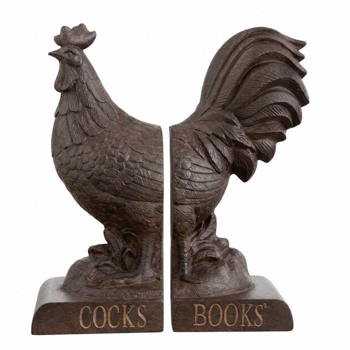Comfy Hour Farmhouse Home Decor Collection 9" Length 6" Height Set 2 Rooster Design Bookends Art Bookend, 1 Pair, Antique Style, Heavy Weight, Rusty Effect, Polyresin