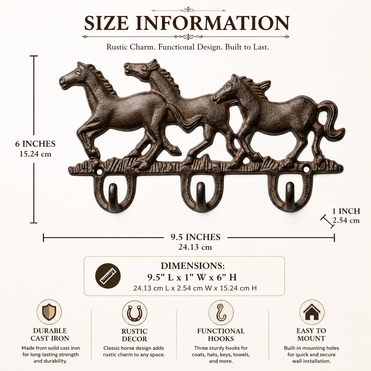 Comfy Hour Cast Iron Three Running Horse Triple Key Coat Hooks Wall Hanger Clothes Rack Set Heavy Duty Recycled