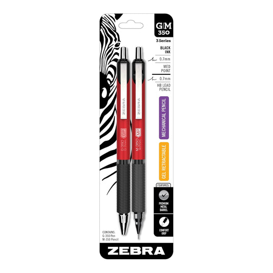 Zebra Pen G-350 and M-350 Retractable Gel Pen/Mechanical Pencil Set, Premium Red Metal Barrel, Medium Point, 0.7mm, 2-Pack (11132)