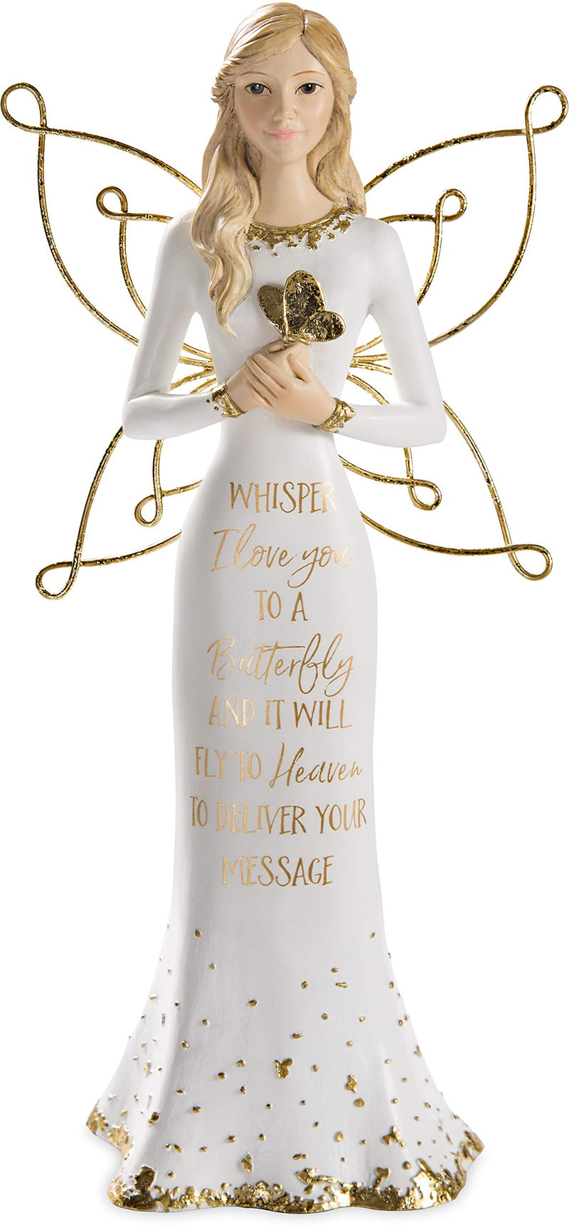 Pavilion Gift Company Whisper I Love Will Fly to Heaven to Deliver Your Message-9 Inch White & Gold in Memory Figurine 9" Angel Holding a Butterfly, Tall, Gold