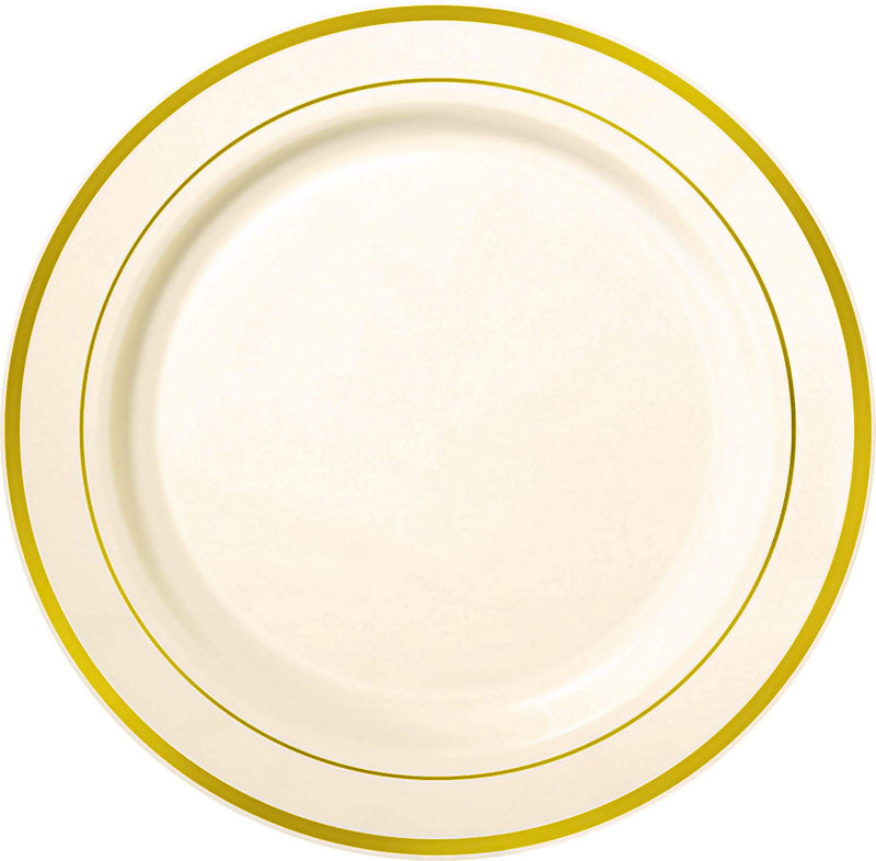 amscan 438456 Premium Plastic Plates Cream with Prismatic Gold Border 12 Pack of 10 Party Supply