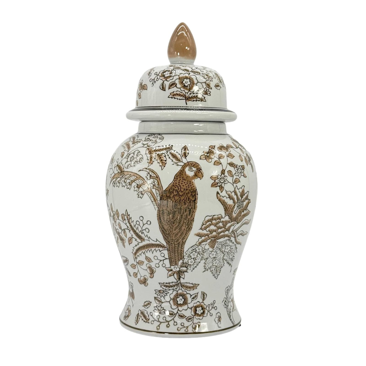Galt International Vase, 14", 14-in White & Brown Ceramic Ginger Jar