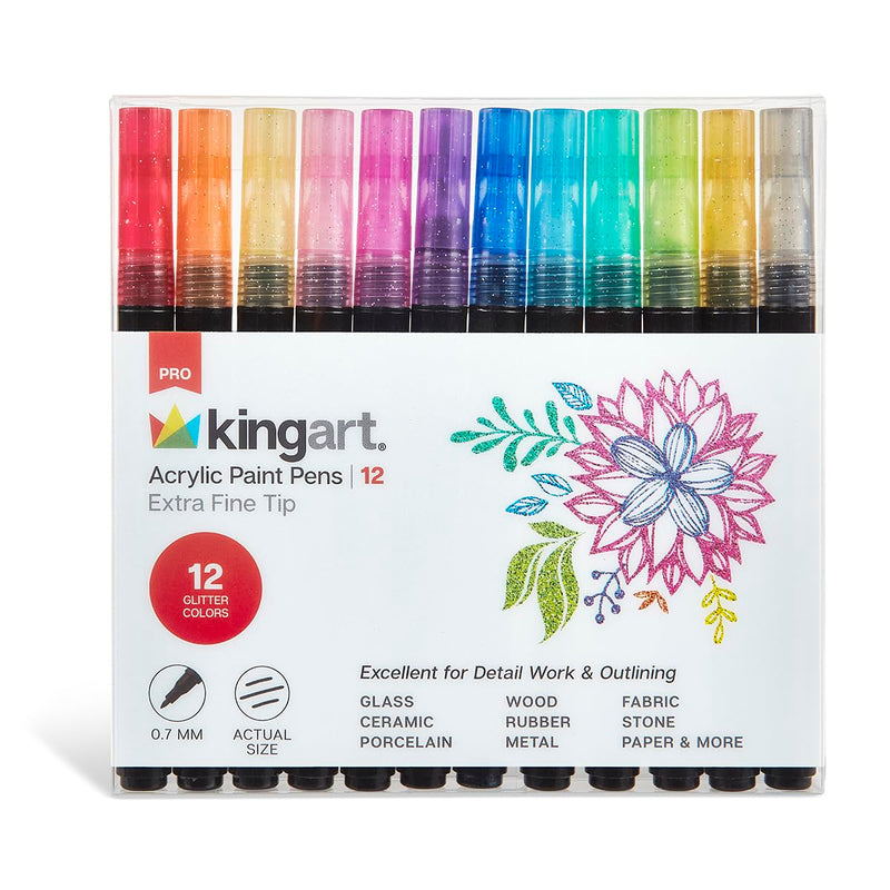 KINGART 453-12B PRO Glitter 12 Ct. Extra Fine Paint Pens, 0.7mm Tip, 12 Acrylic Paint Colors, Low-Odor Water-Based Quick Dry Markers for Rock, Wood, Metal, Plastic, Glass, Canvas, Ceramic & More