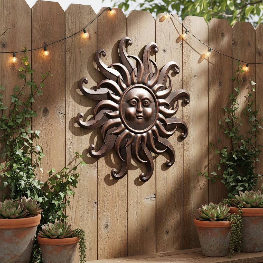 Comfy Hour 25 Inch Large Metal Sun Wall Decor, Sun Face Outdoor