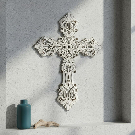 Comfy Hour 12 Inch Wall Cross, White Floral Cross Wall Decor