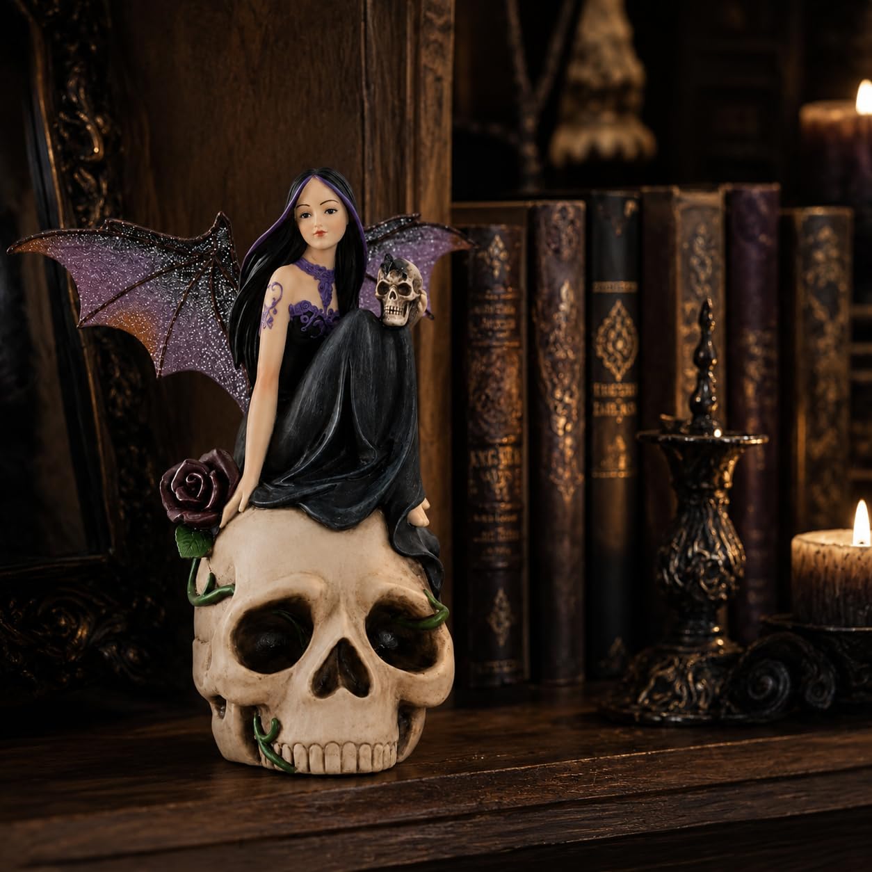 Comfy Hour 7 Inch Fairy Figurine, Dark Fairy Statue with Skull