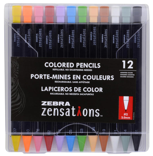 Zebra Pen Zensations Mechanical Colored Pencils, 2.0mm Point Size, Assorted Colored Lead, 12-Count