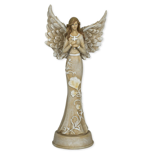 Roman Embossed Blossom Flowers Angel 11 inch Resin Stone Table Top Figurine Statue