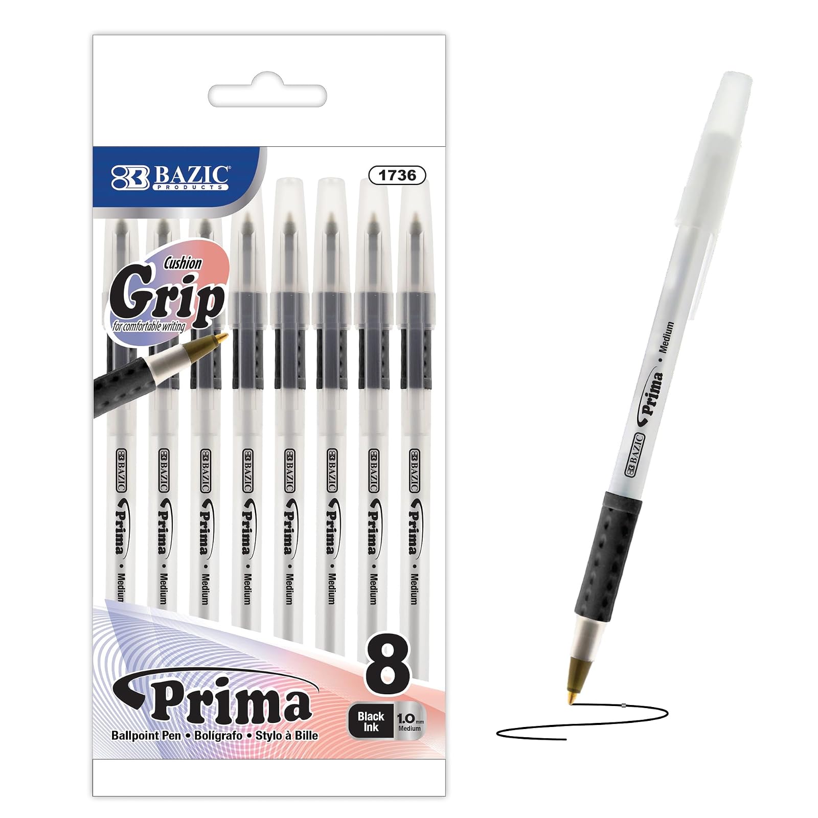 BAZIC Prima Black Stick Pen w/ Cushion Grip (8/Pack)