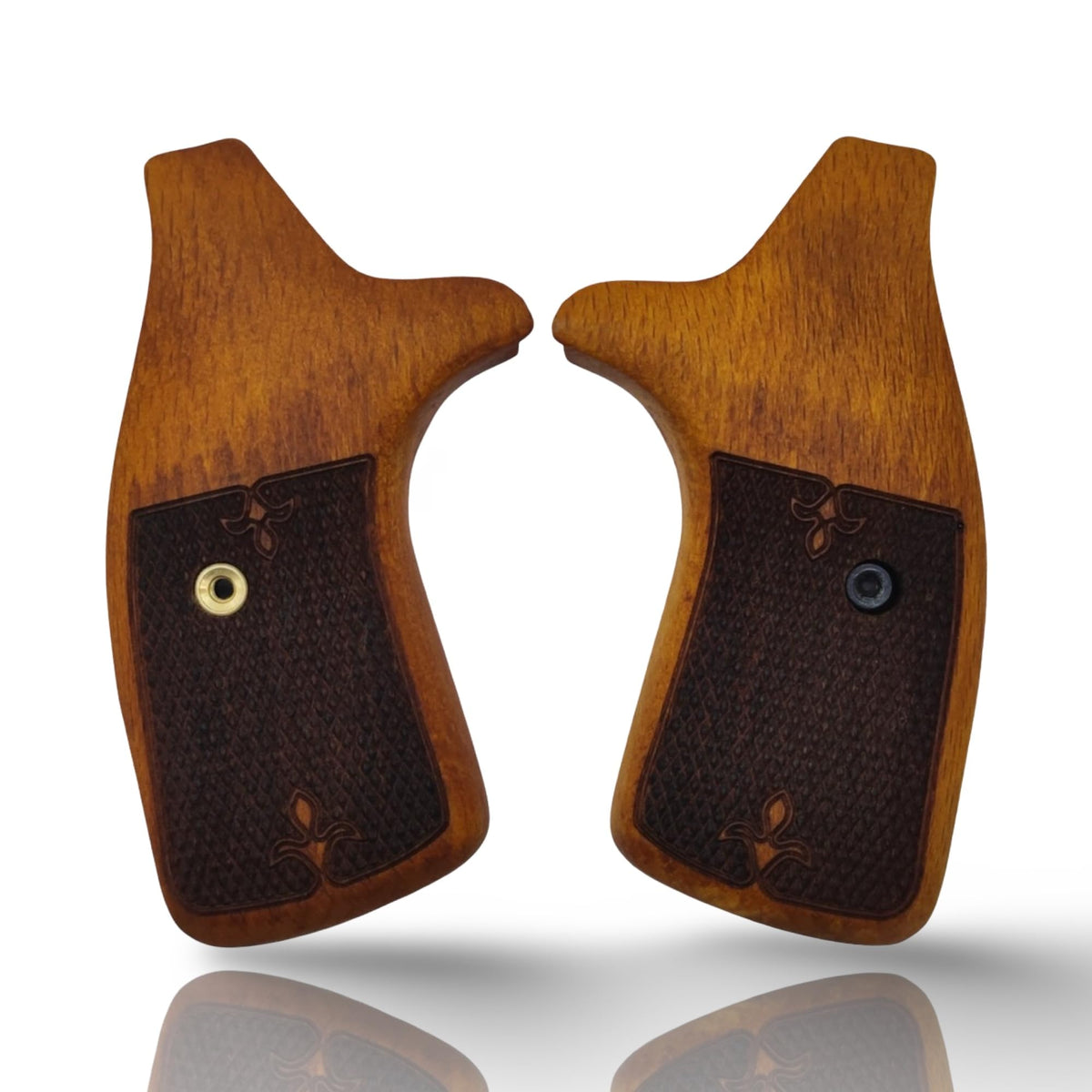 Zib Grips, Revolver J Round Grips Compatible with S&W, Real Wood Gun Grips for Smith & Wesson J Frame Round Butt .38 Special and 9mm / Screw Included (Beech | Amber- Checkered Triangle)