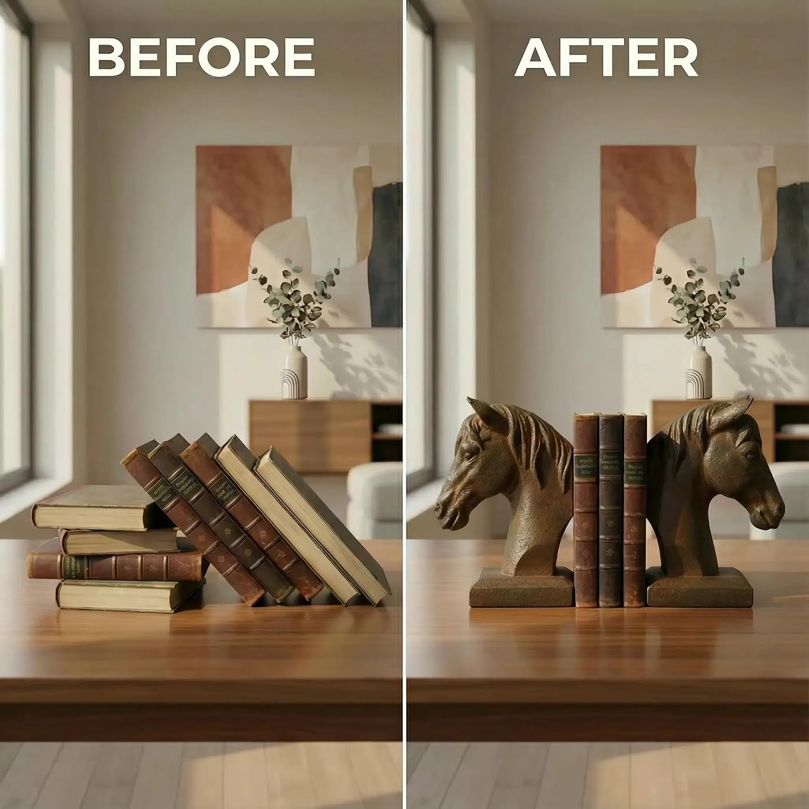 Comfy Hour Farmhouse Home Decor Collection 5" Length 7" Height Set 2 Horse Head Bookends Art Bookend, 1 Pair, Antique Style, Heavy Weight, Brown Rust Effect, Polyresin