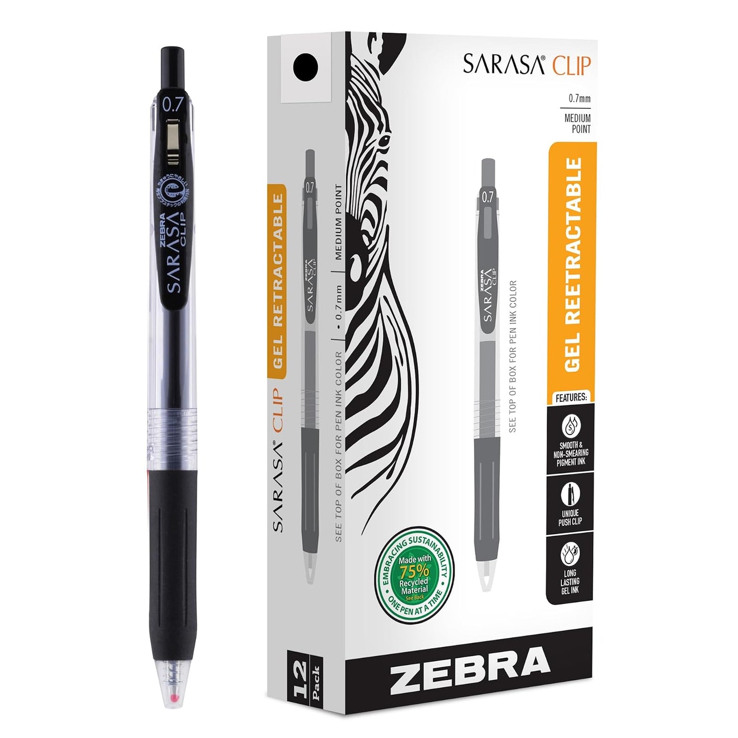 Zebra Pen Sarasa Retractable Gel Ink Pens, Medium Point, 0.7mm, Black Ink, 12-Pack
