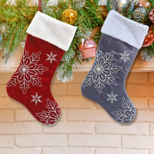 Comfy Hour Holiday Home Collection 18"x11" Christmas Winter Snowflake Stocking, Red and Gray, Set of 2, Polyester