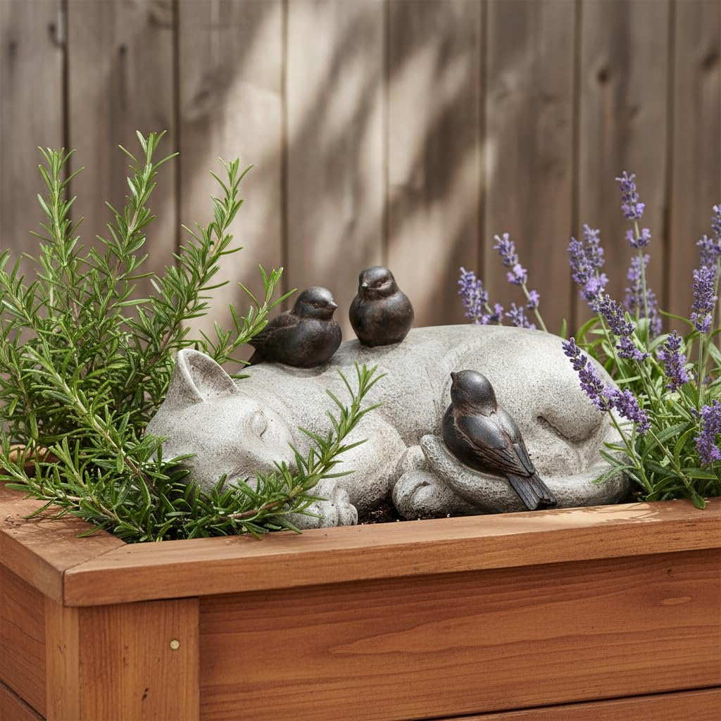 Comfy Hour Pet In Loving Memory Collection 12" Length Garden Accent Decorative Sparrows On Cat Figurine, Polyresin Statue Stone Looking