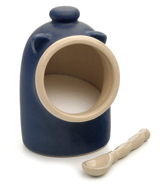 RSVP International BLU Stoneware Pig Keeper w/Spoon, Blue | Cute Addition to Your Kitchen | Holds 6 Ounces of Salt | Wide Opening for Easy Use | Dishwasher Safe, One Size