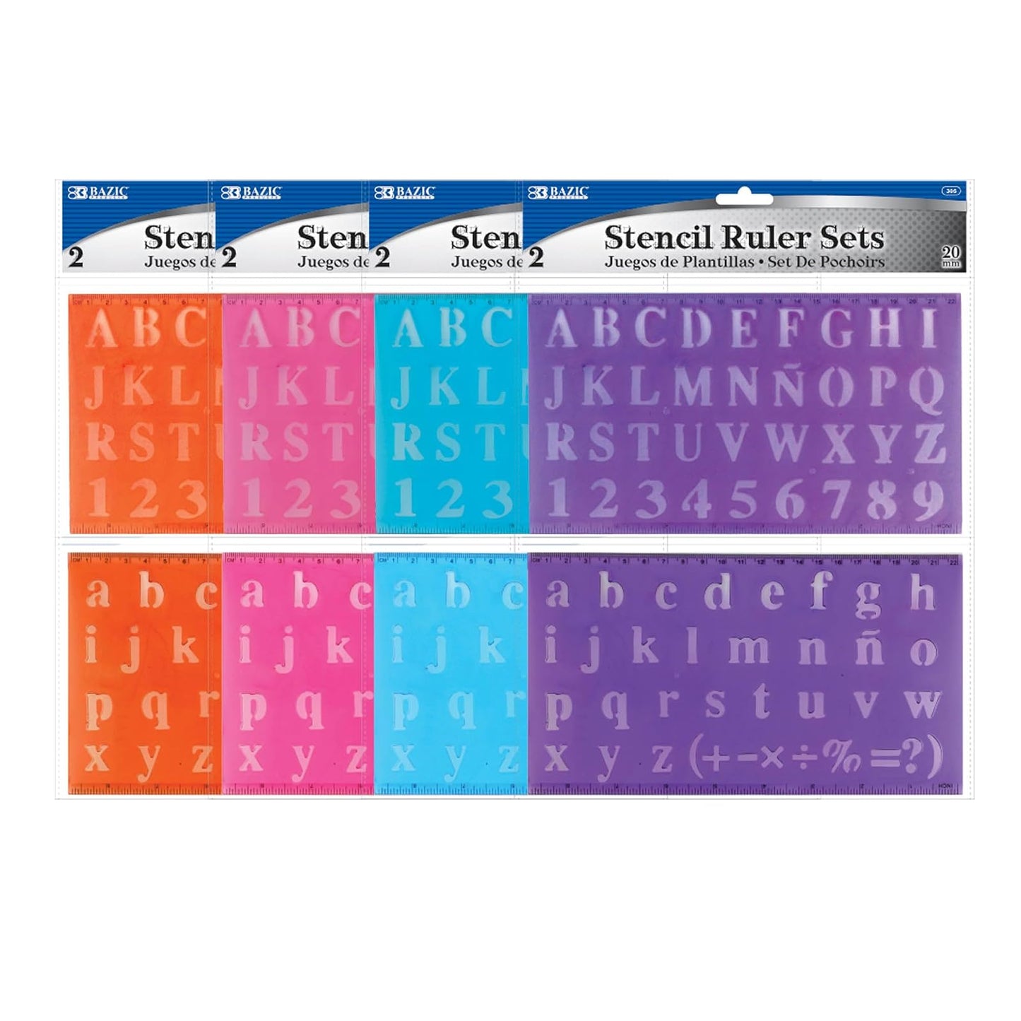 BAZIC 20 mm Transparent Lettering Stencil Ruler Sets, 2 Per Pack, Colors may vary