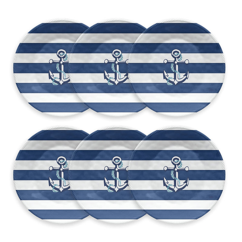 TarHong Nautical Anchor Dinner Plate, 10.5", Pure Melamine; Navy and White, Set of 6