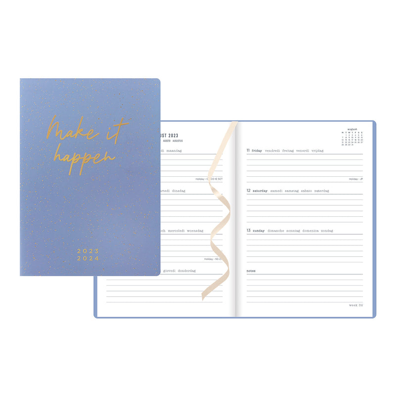 Letts of London Inspire Academic Weekly/Monthly Planner, August 2023 to July 2024, Week-to-View, Sewn Binding, Multilingual, A5 Size, 8.25" x 5.875", Blue (C031387-24)