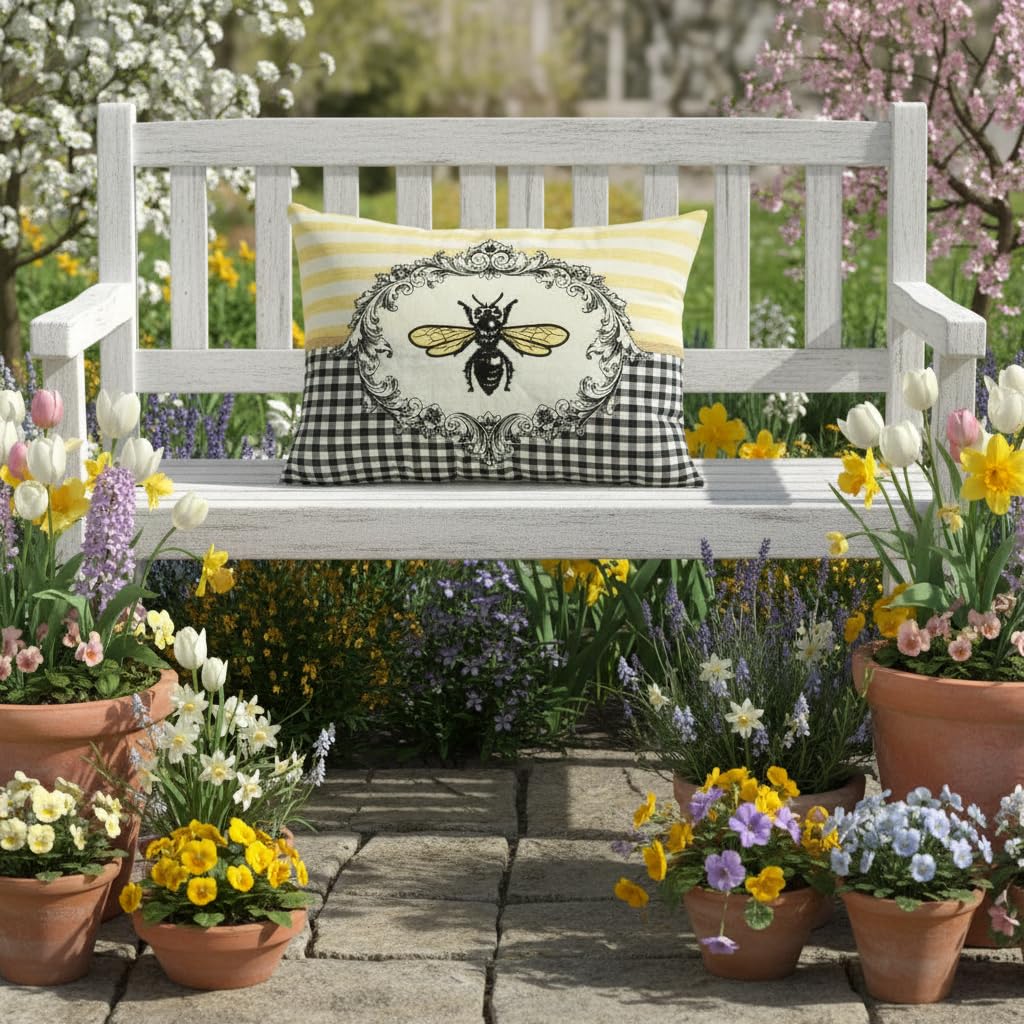 Comfy Hour Spring Is Here Collection Spring Bee and Flower Accent Pillow Throw Pillow Decorative Cushion, 18"x13", Polyester