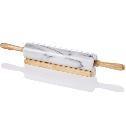 JEmarble Rolling Pin-Wooden Handles(Pearl White)(Premium Quality)Polished Surface 18-inch(10"Barrel) Genuine Stone Non-stick Save Effort Easy to Clean
