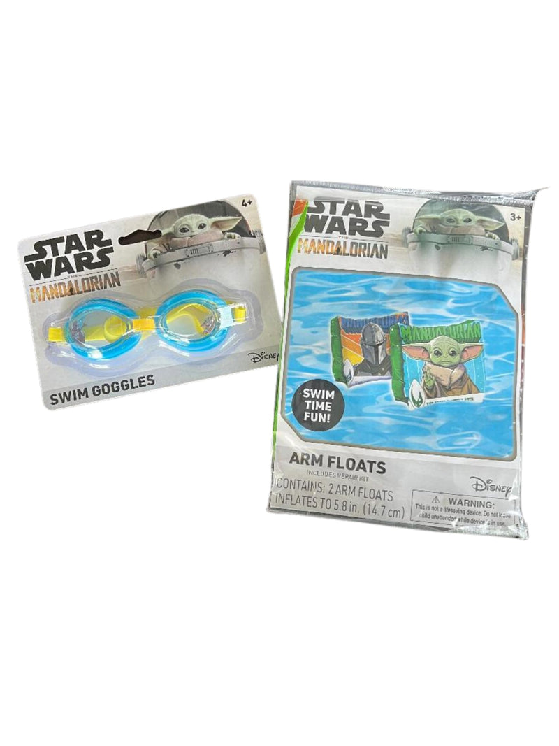 Star Wars The Mandalorian Swim Set - Includes 2 Arm Floats and 1 Swim Googles Swim Glasses Featuring Baby Yoda Grogu and Boba Fett