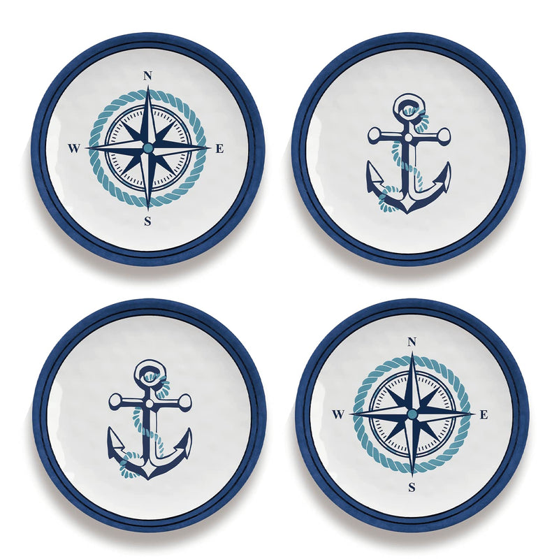 TarHong Nautical Anchor Set of 4 Assorted Appetizer Plates, Pure Melamine, 6.8”